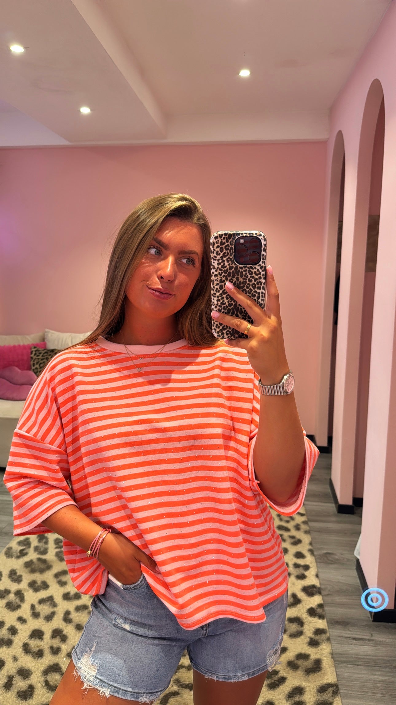 Striped Strass T-Shirt Koraal/Roze