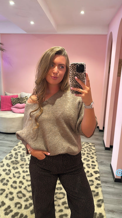 Noa Off Shoulder Knitted Sweater Taupe