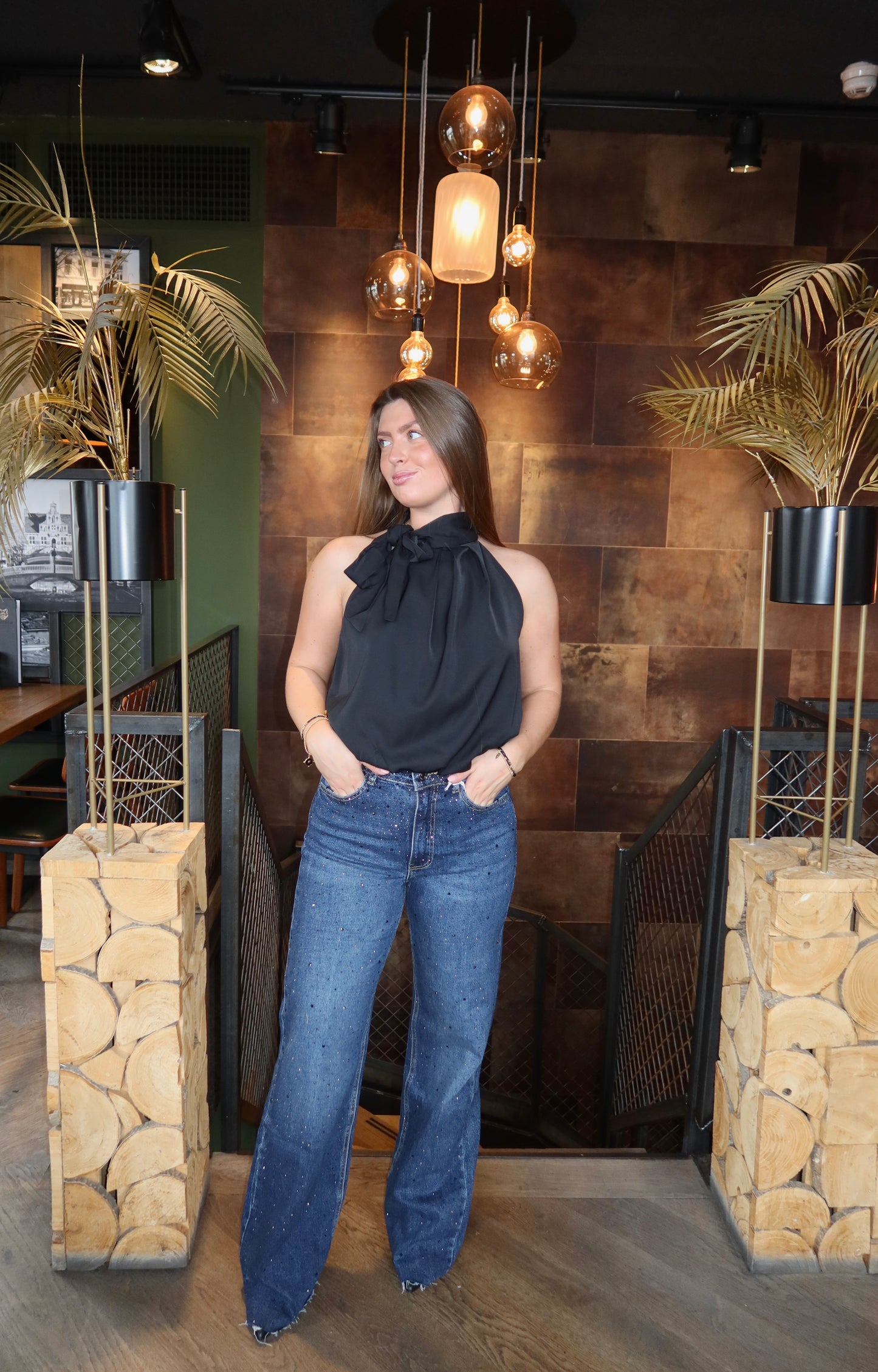 Wide Leg Jeans Queen Hearts Strass Extra Lang 3868