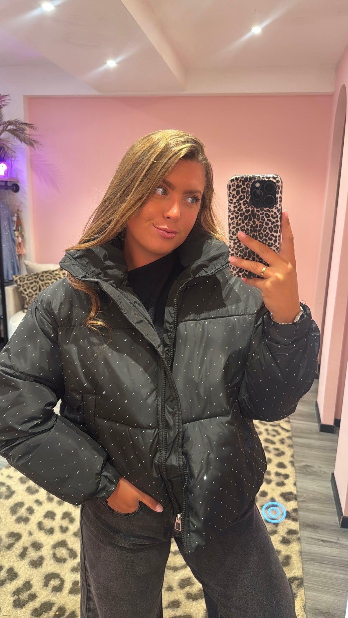 Strass Puffer Jacket Zwart