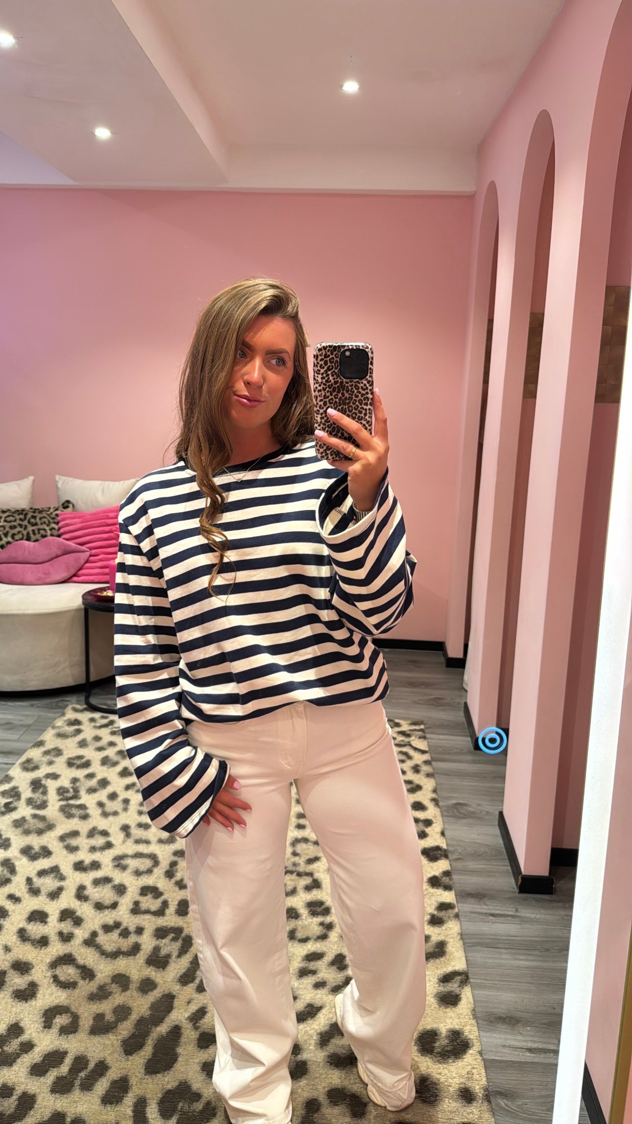 Streep Top Met Schoudervulling Navy/Wit