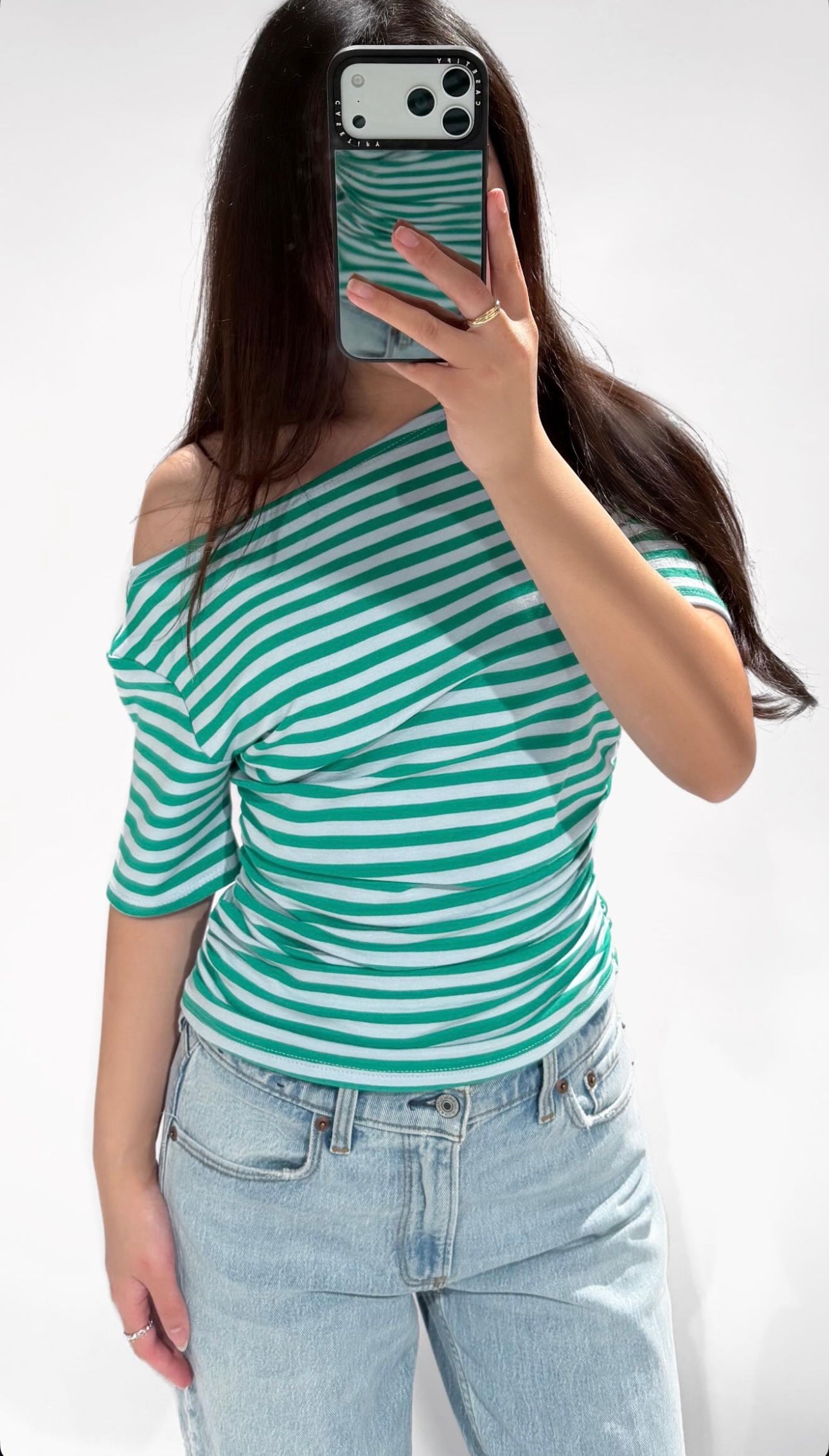 ByMila Off Shoulder Stripe Top Green/Sky