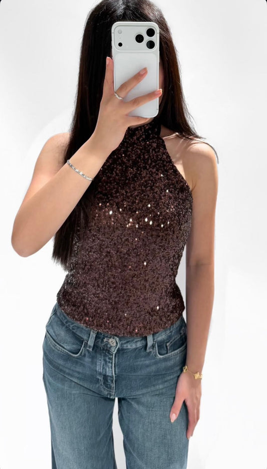 ByMila Abigail Sequin Halter Top Bruin