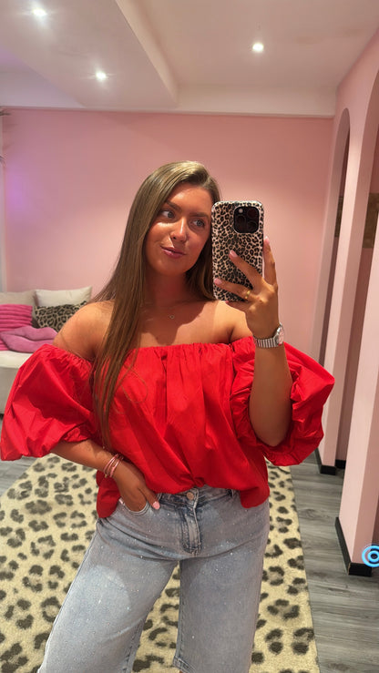 Off Shoulder Balloon Top Rood