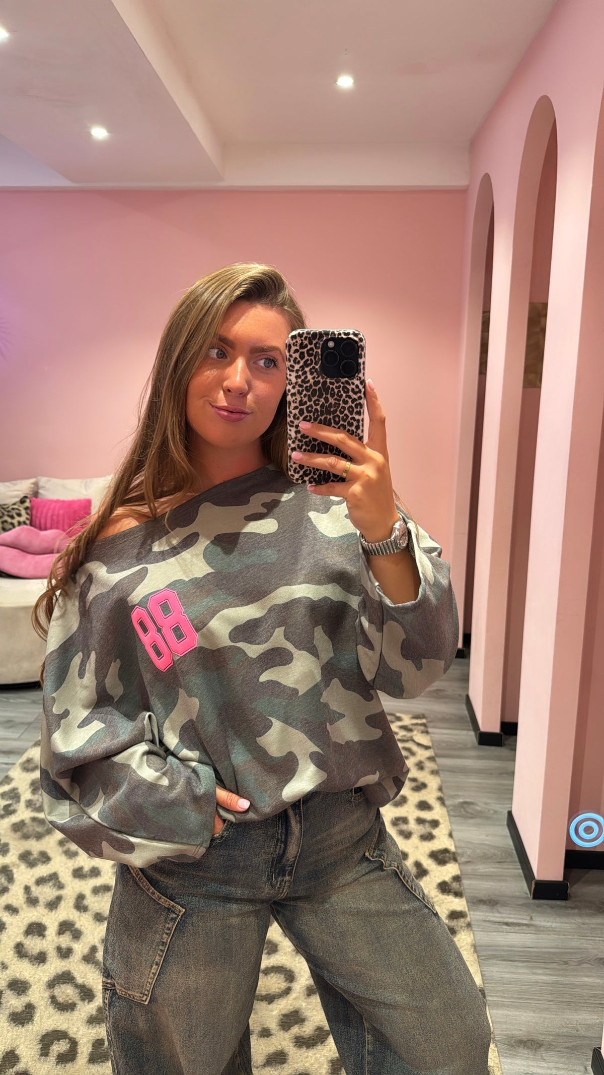 Camouflage Off Shoulder Sweater Groen 514-1