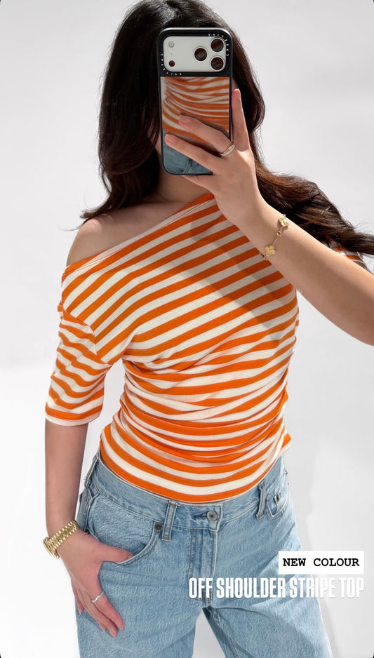 ByMila Off Shoulder Stripe Top Oranje/Wit