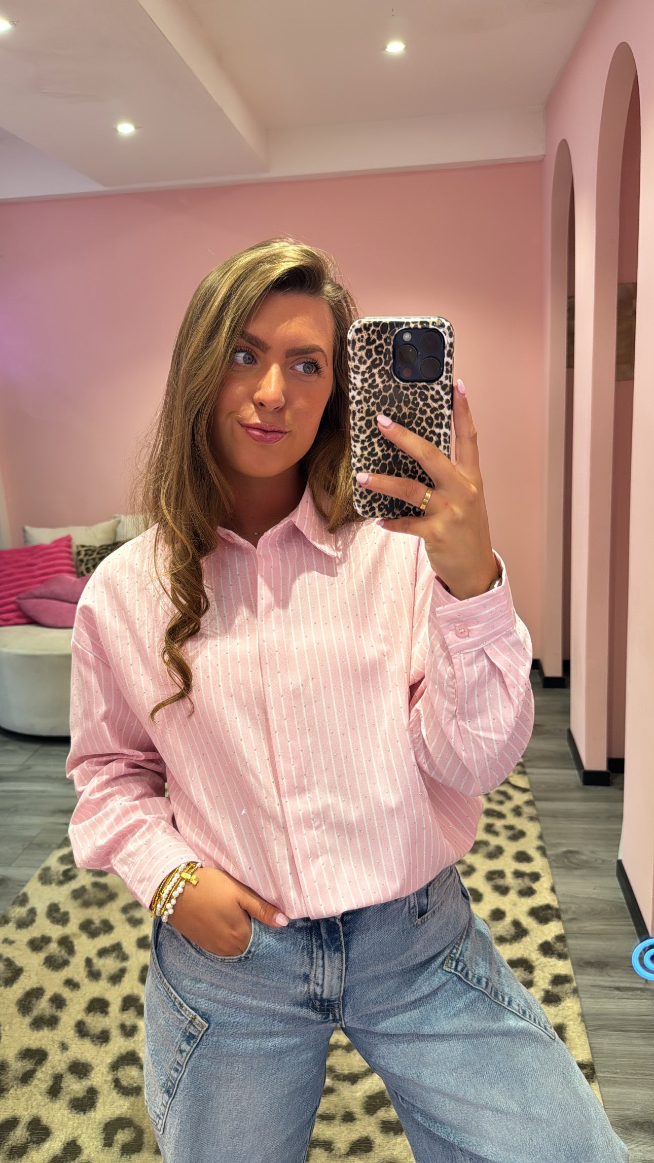 Strass Stripe Blouse Roze