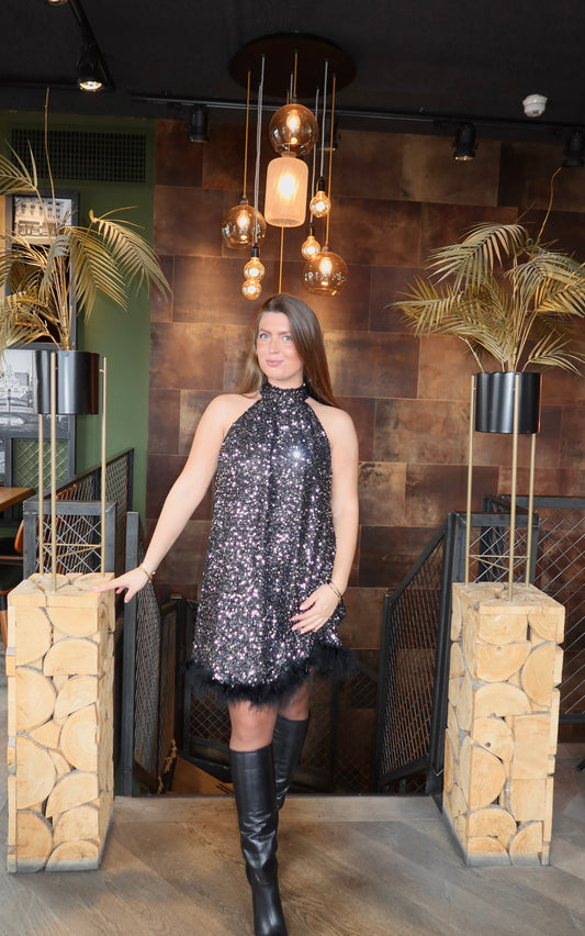 Paillet Feather Jurkje Zilver/Zwart