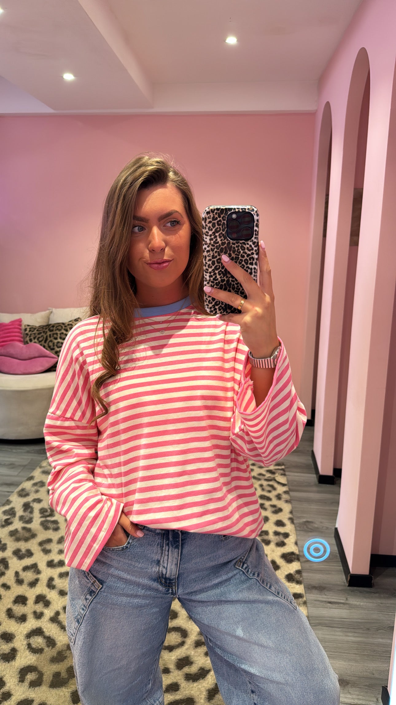 Streep Longsleeve Roze/Off white