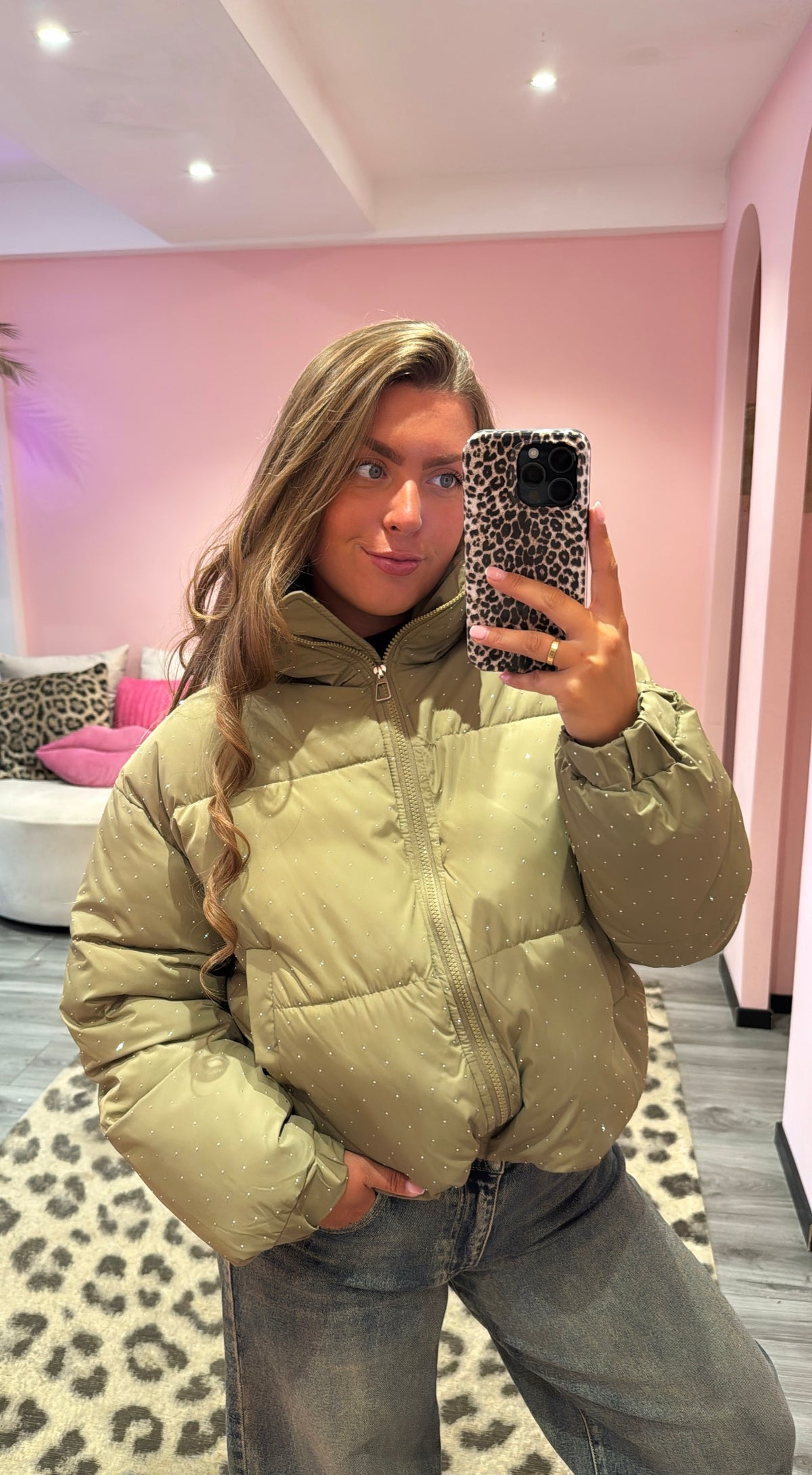 Strass Puffer Jacket Olive Groen