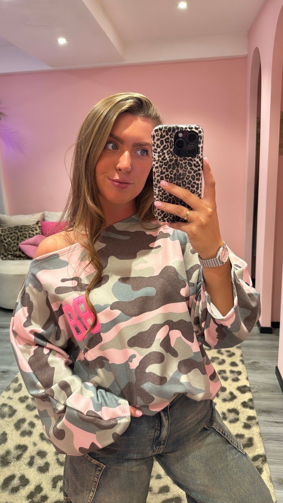 Camouflage Off Shoulder Sweater Roze 514-1