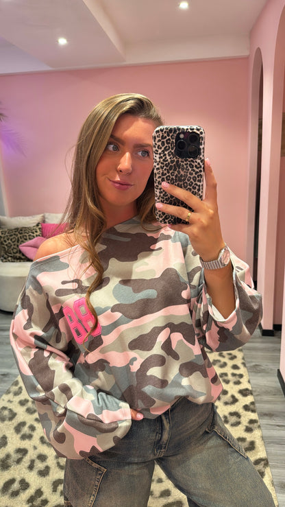 Camouflage Off Shoulder Sweater Roze 514-1