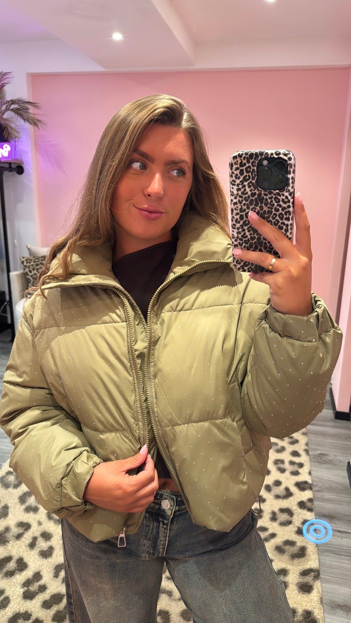 Strass Puffer Jacket Olive Groen