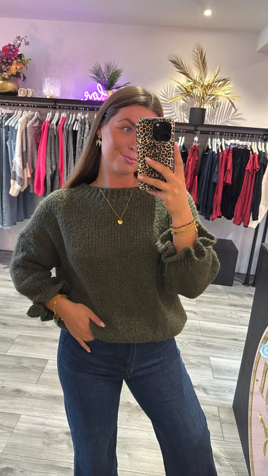 Knitted Ruffle Trui Army Groen