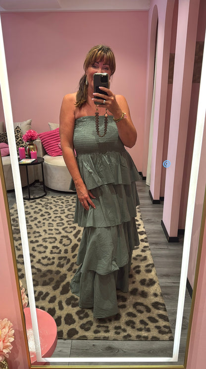 Fiore Ruffle Maxi Jurk Army