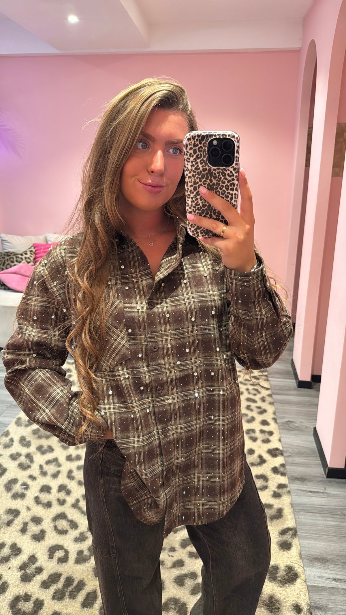 Flannel Sparkle Strass Blouse Bruin 3915