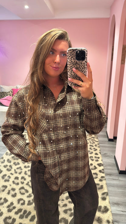 Flannel Sparkle Strass Blouse Bruin 3915