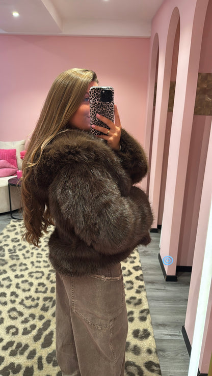 Milano Faux Fur Jacket Brown Capuchon