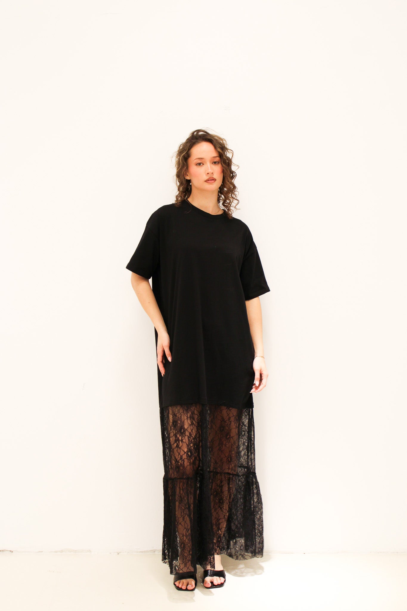 Lace T-Shirt Jurk Zwart