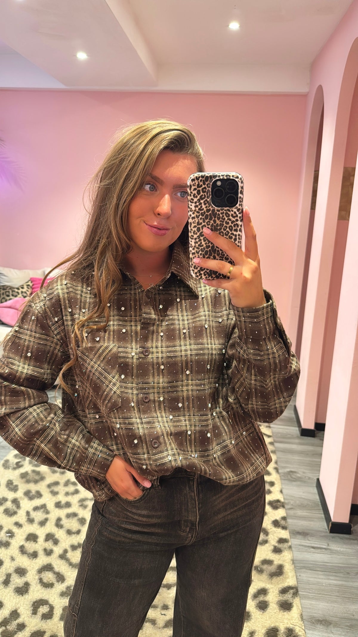 Flannel Sparkle Strass Blouse Bruin 3915