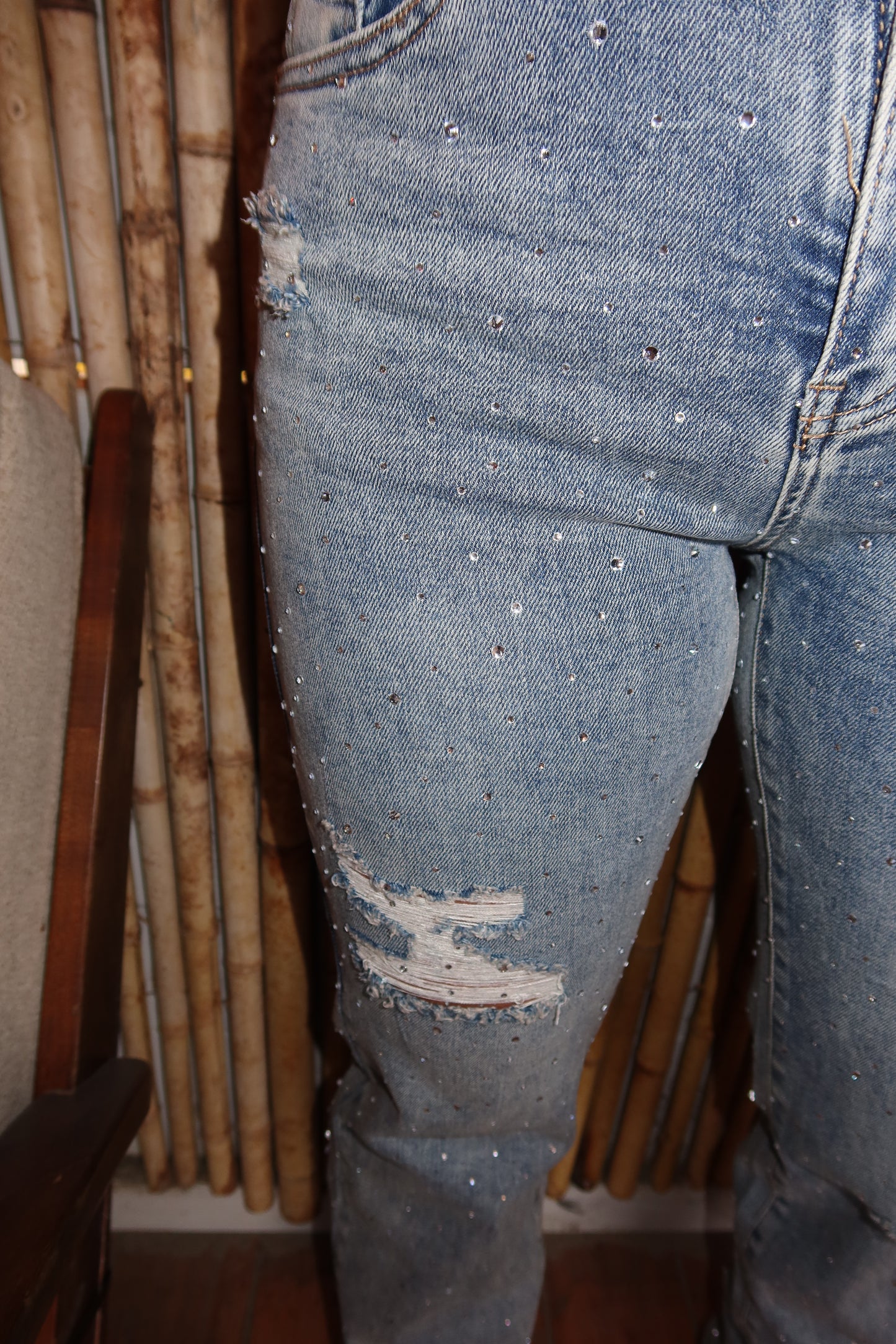 Jeans Wide Leg Strass Met Scheuren