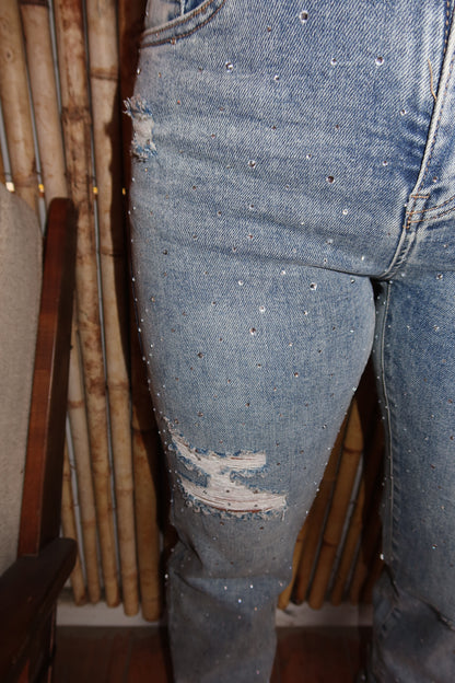 Jeans Wide Leg Strass Met Scheuren