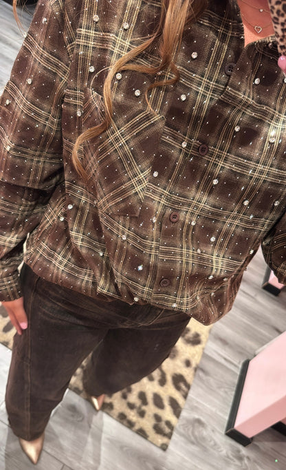 Flannel Sparkle Strass Blouse Bruin 3915