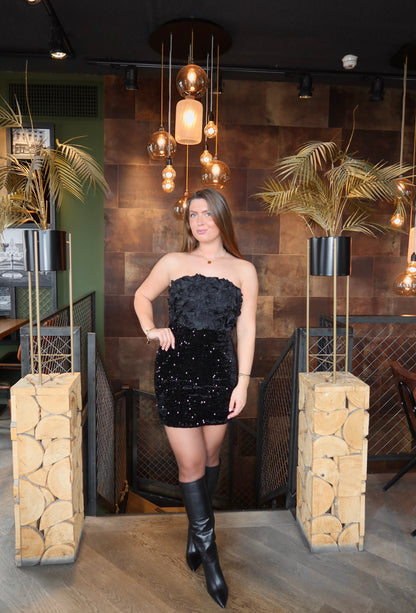 Velvet Paillet Bandeau Flower Jurkje Zwart