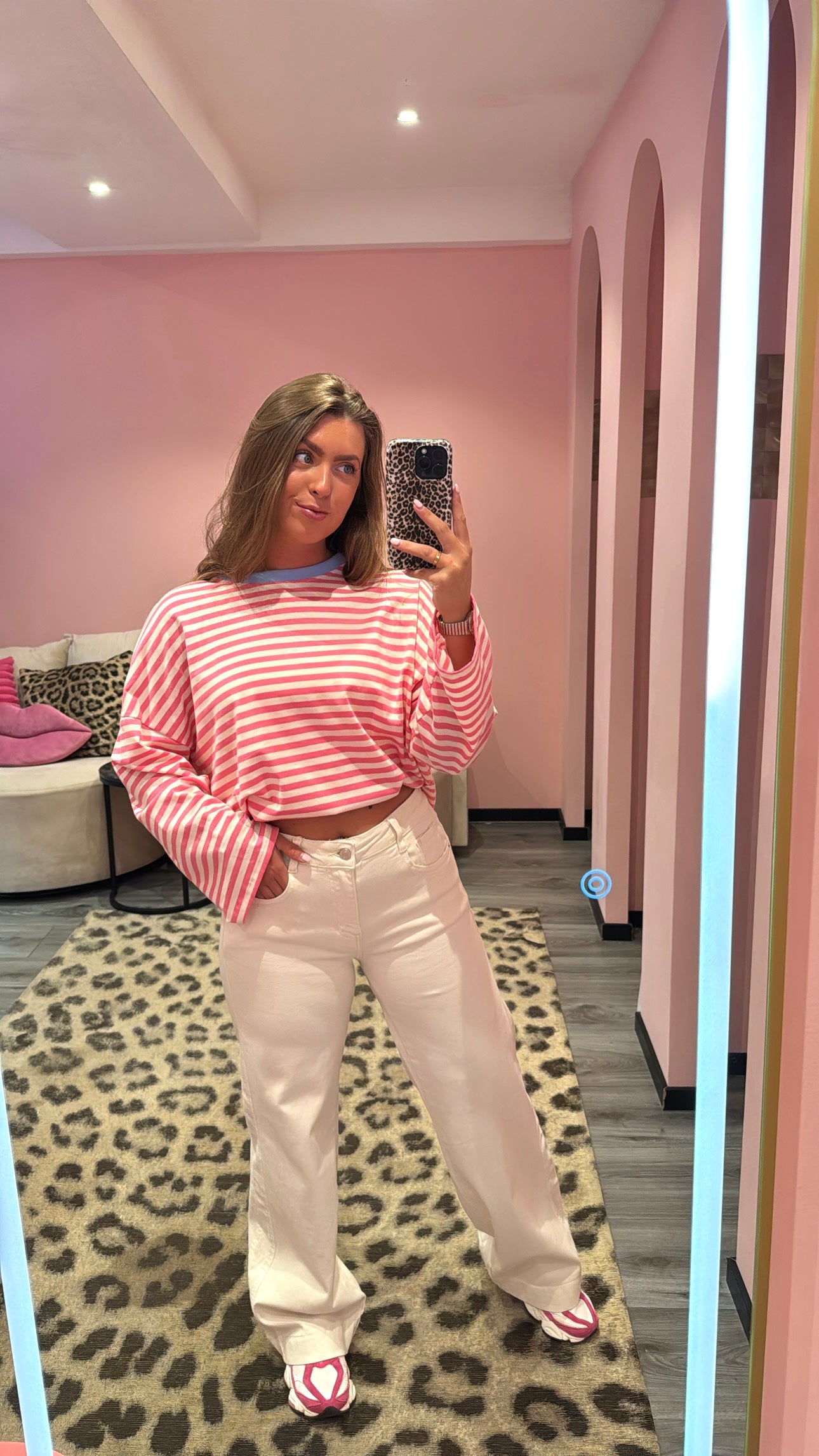 Streep Longsleeve Roze/Off white