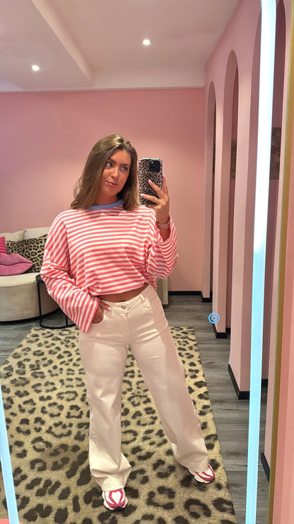 Streep Longsleeve Roze/Off white
