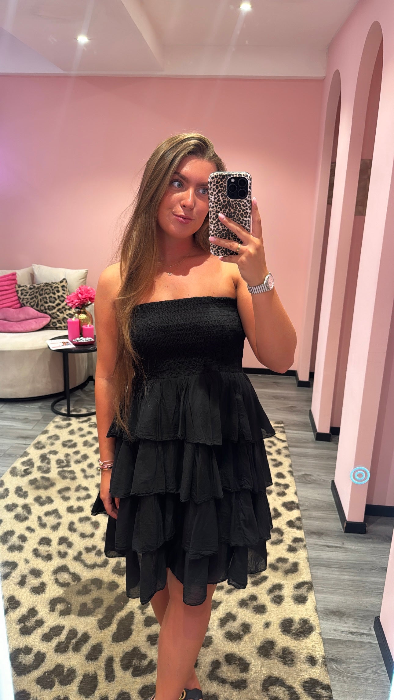 Valentina Bandeau Ruffle Dress Zwart