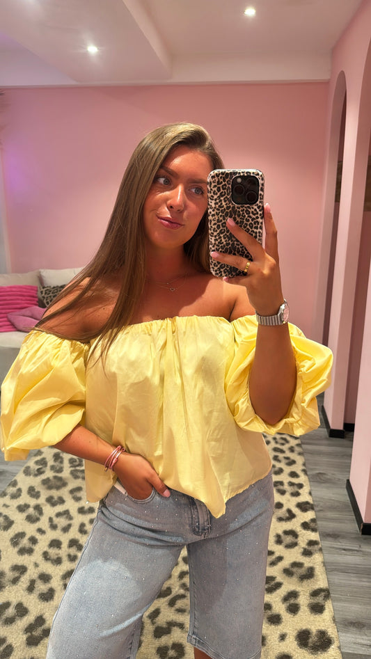 Off Shoulder Balloon Top Geel