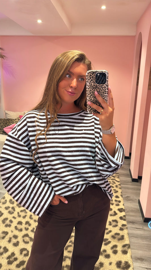 Striped Strass Longsleeve Blauw/Bruin