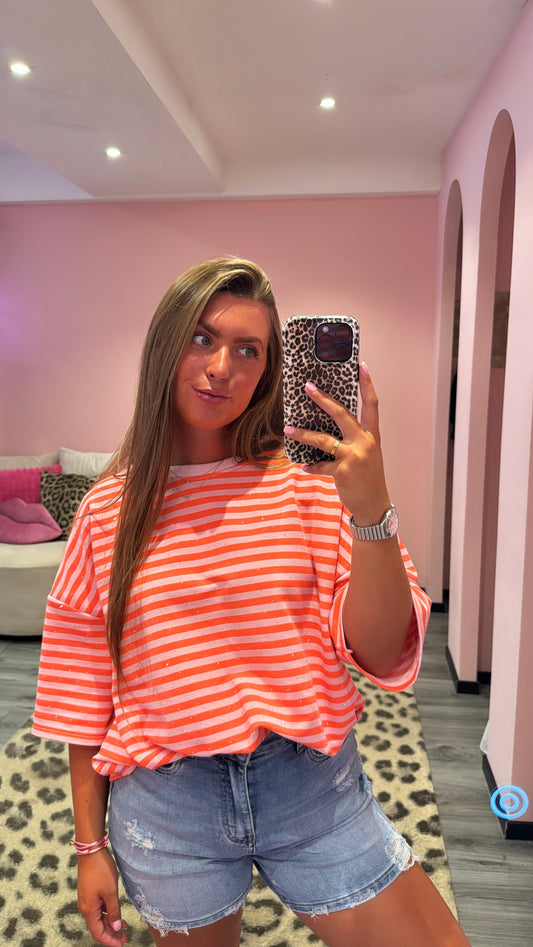 Striped Strass T-Shirt Koraal/Roze