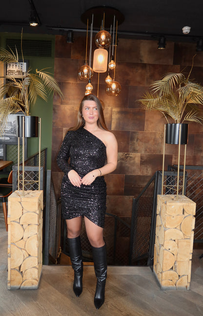 One Shoulder Paillet Jurkje Zwart