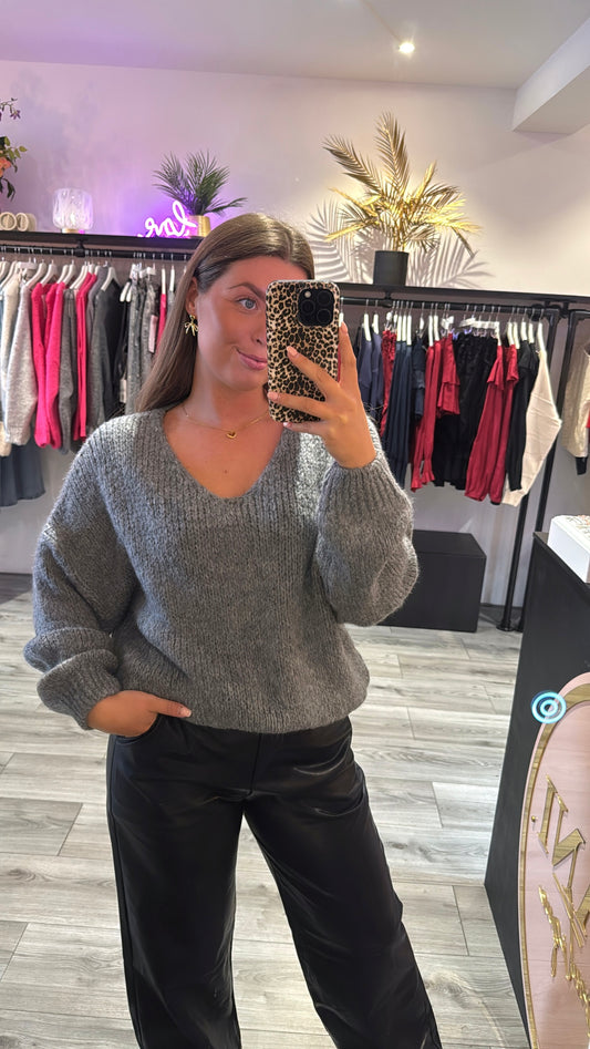 Knitted V Hals Trui Grijs