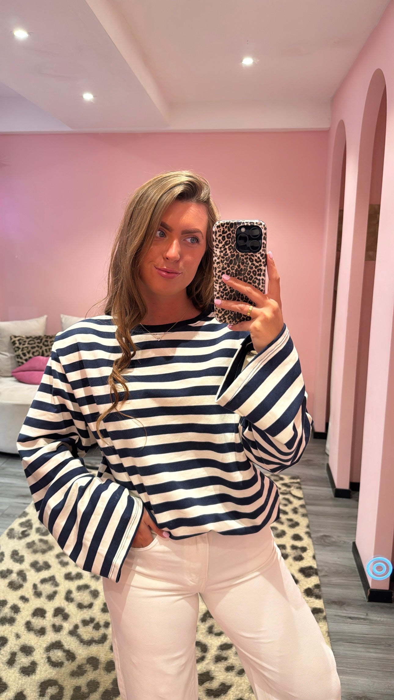 Streep Top Met Schoudervulling Navy/Wit