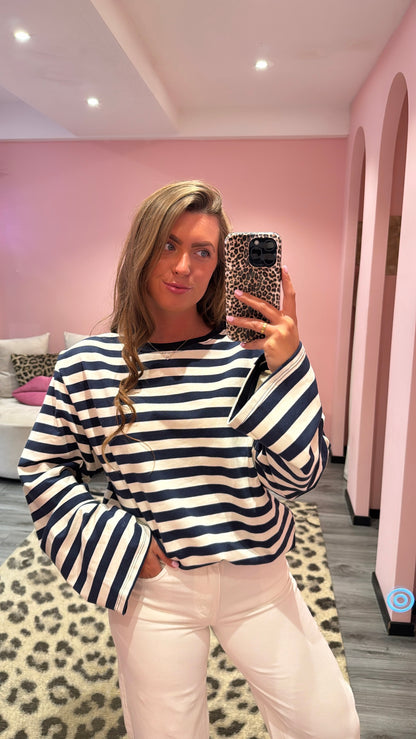 Streep Top Met Schoudervulling Navy/Wit