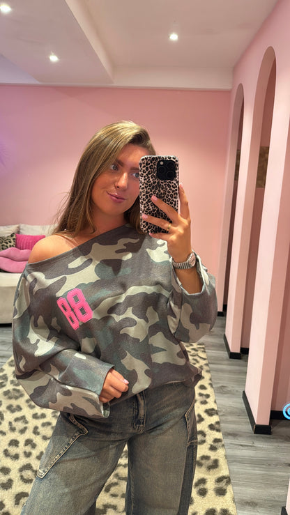 Camouflage Off Shoulder Sweater Groen 514-1