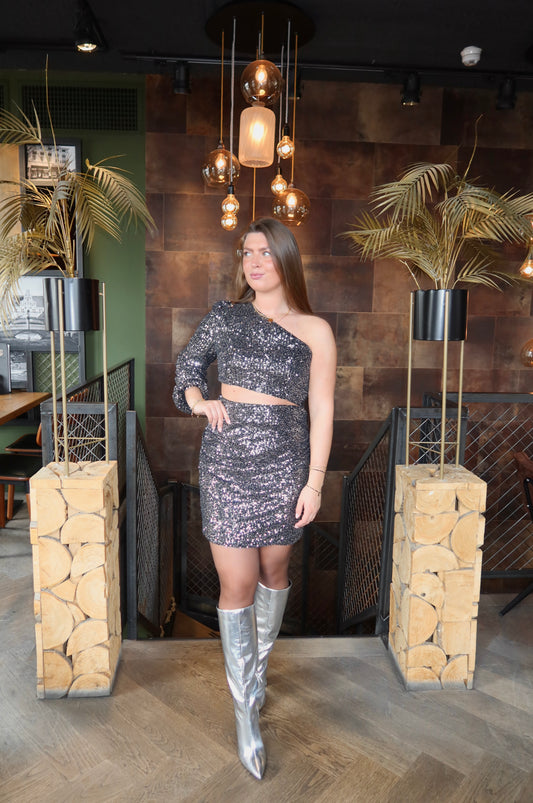 Party Glitter One Shoulder Cut Out Jurkje Zwart/Zilver