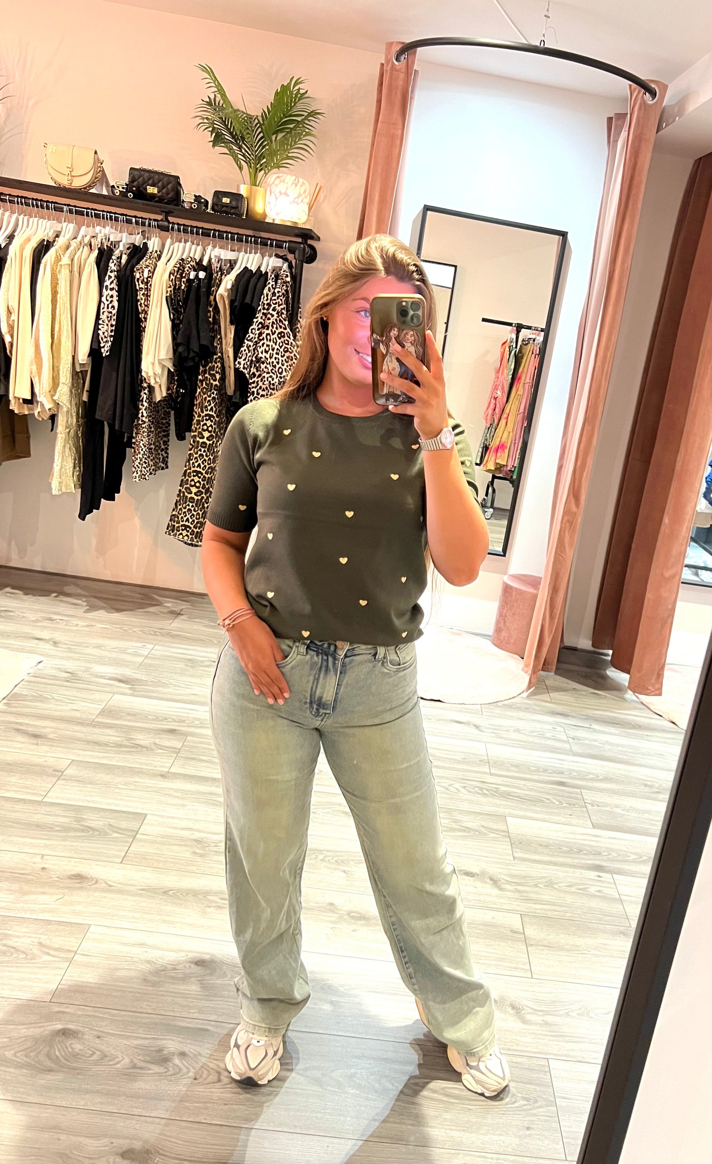 Top With Golden Hearts Army Green