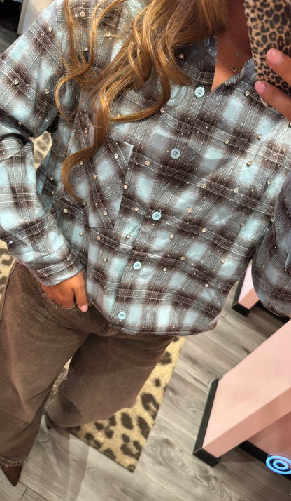 Flannel Sparkle Strass Blouse Blauw