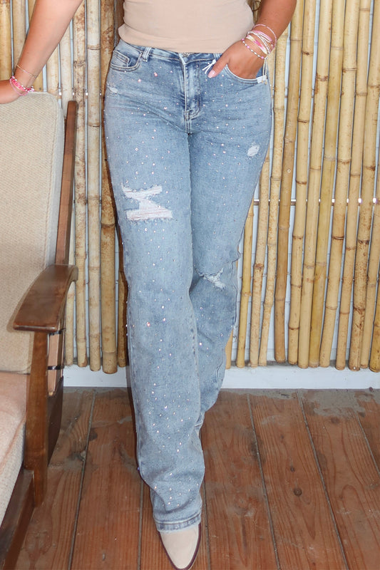 Jeans Wide Leg Strass Met Scheuren