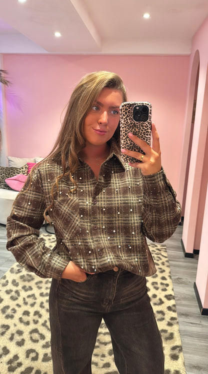 Flannel Sparkle Strass Blouse Bruin 3915