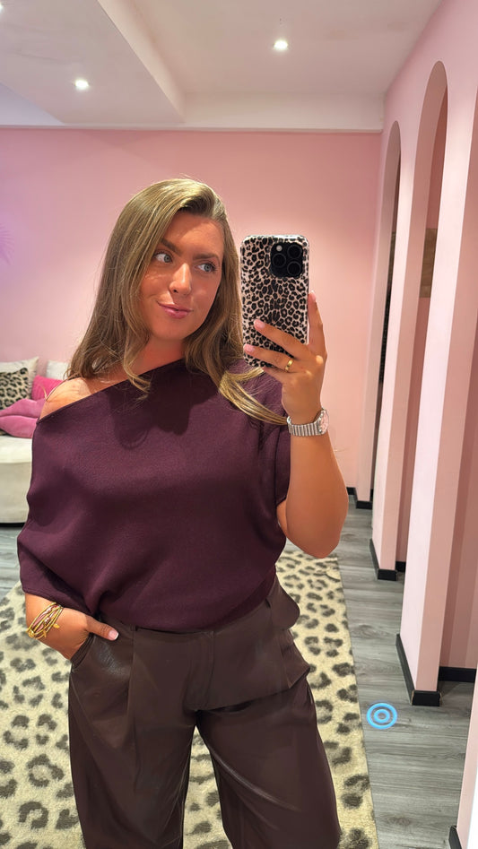 Livia Off Shoulder Knit Top Aubergine 5082