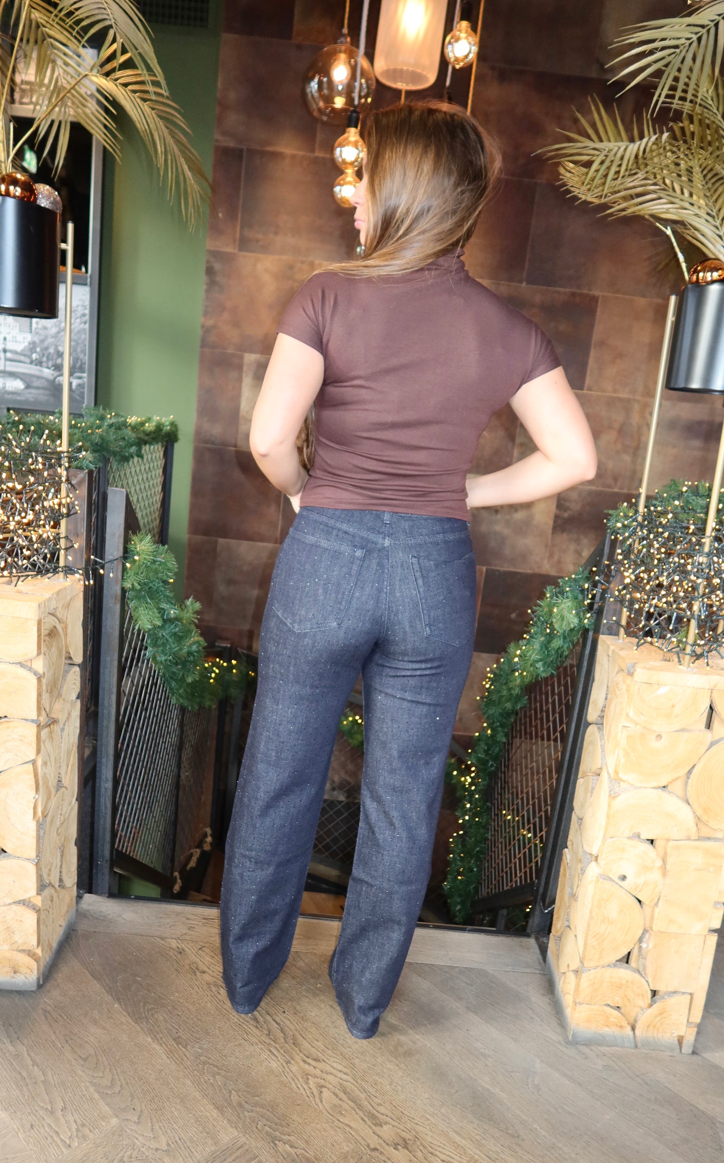 Wide Leg Jeans Queen Hearts Donker Denim Strass 3872