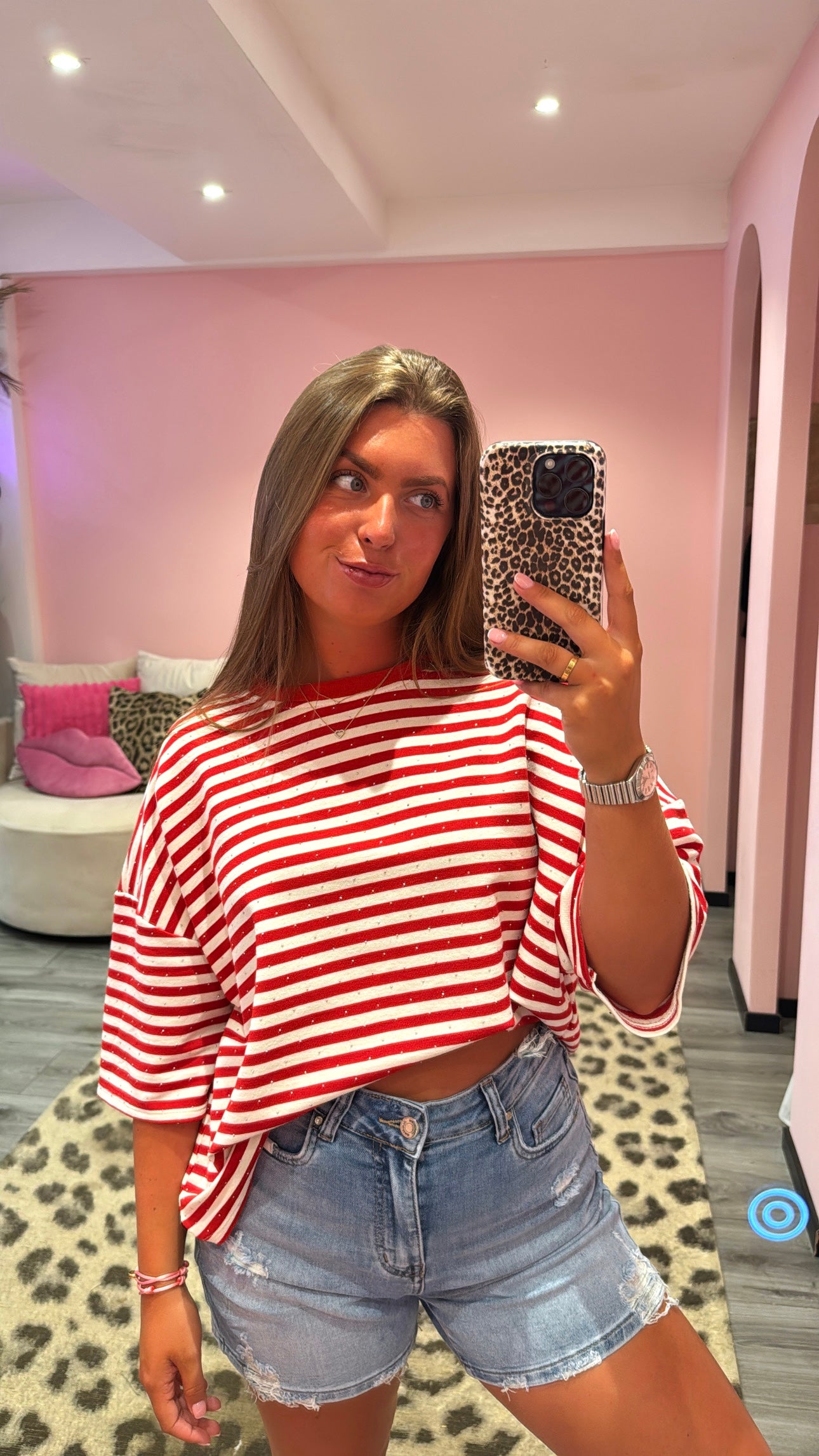 Striped Strass T-Shirt Rood/Wit