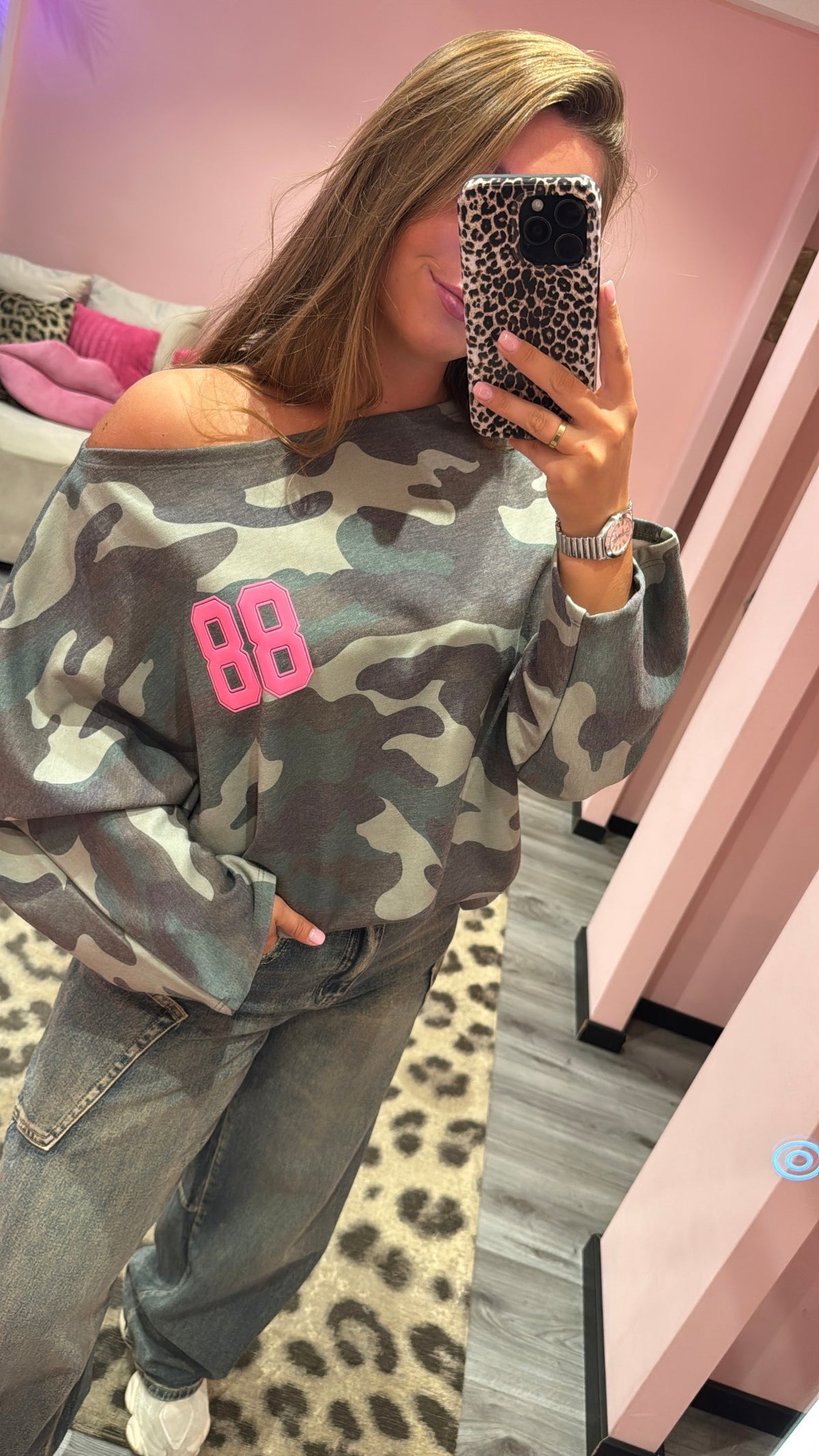 Camouflage Off Shoulder Sweater Groen 514-1