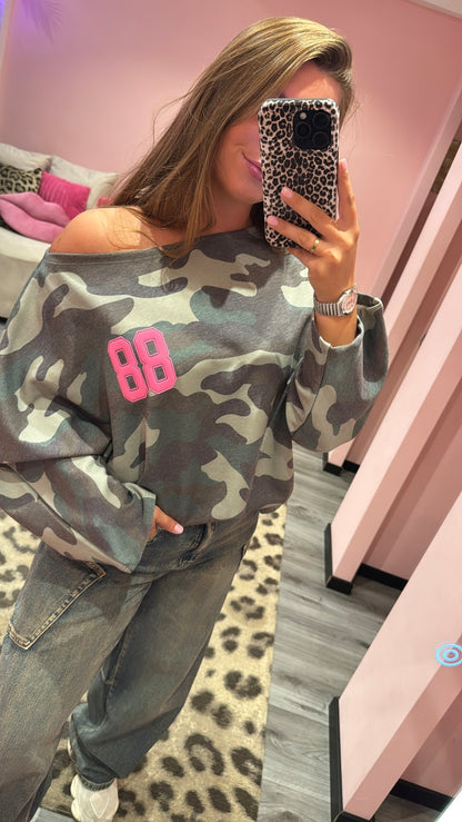 Camouflage Off Shoulder Sweater Groen 514-1