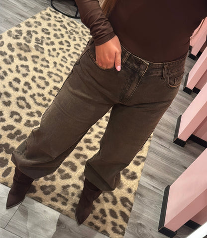Queen Hearts Barrel Jeans Mid Waist 3717-15 Donker Bruin